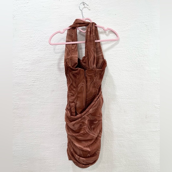 House Of CB Clementine Cutout Ruched Mini Dress Swirl Print Brown - Picture 6 of 6